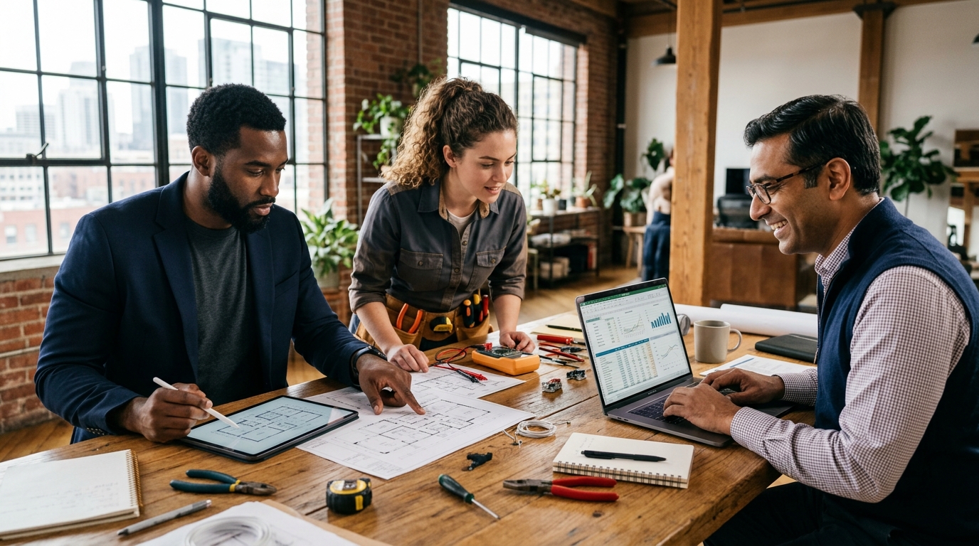 Profesionales colaborando en cotizaciones, planos y proyectos comerciales